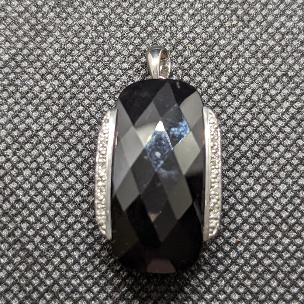HUGE faceted onyx sterling silver necklace with diamond chips